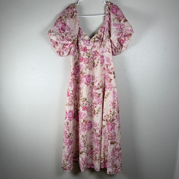 Avec Les Filles Dresses & Skirts - Avec Les Filles Pink Floral Linen‎ Blend Puff Sleeve Midi Dress Size 12
